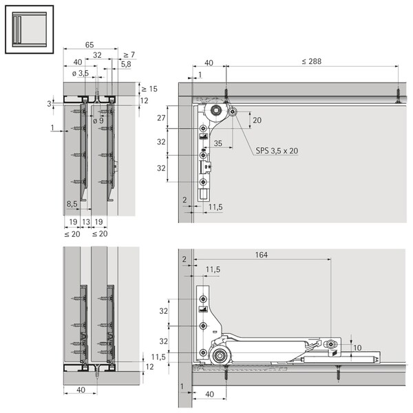 SlideLine M Fittings for 30 Kg doors WITH Silent System -  Min width in: 450