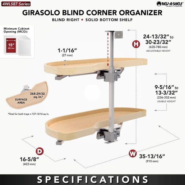 Two-Tier Wood Classic Girasolo for Left Opening/Blind Right Corner Cabinet - 15" Opening FF - 16-1/2" Frameless