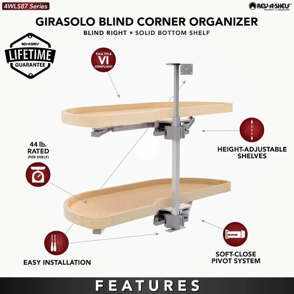 Two-Tier Wood Classic Girasolo for Left Opening/Blind Right Corner Cabinet - 15" Opening FF - 16-1/2" Frameless