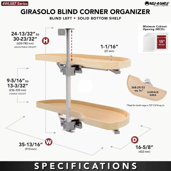 Two-Tier Wood Classic Girasolo for Right Opening/Blind Left Corner Cabinet - 15" Opening FF - 16-1/2" Frameless