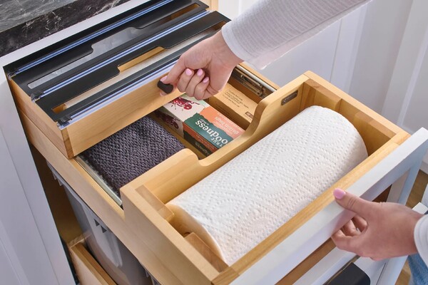 Wood Base Cabinet Paper Towel Tiered Drawer System w/ Foil Cutters and BLUM Soft-Close