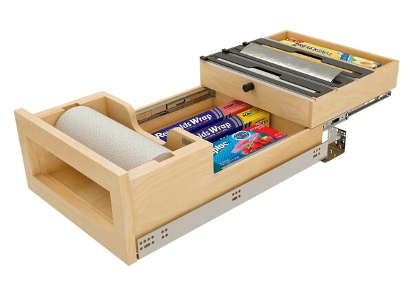 Wood Base Cabinet Paper Towel Tiered Drawer System w/ Foil Cutters and BLUM Soft-Close