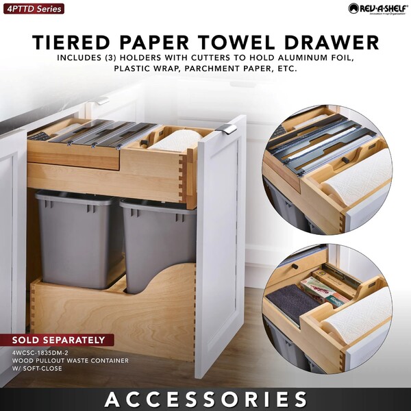 Wood Base Cabinet Paper Towel Tiered Drawer System w/ Foil Cutters and BLUM Soft-Close